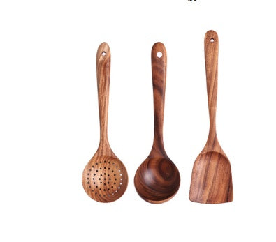 1-7Pcs Set Natural Wood Teak Tableware Spoon Colander Special Spoon Nano Soup Skimmer Wooden Cooking Spoon Kitchen Tool Kit