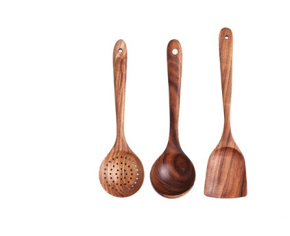 1-7Pcs Set Natural Wood Teak Tableware Spoon Colander Special Spoon Nano Soup Skimmer Wooden Cooking Spoon Kitchen Tool Kit