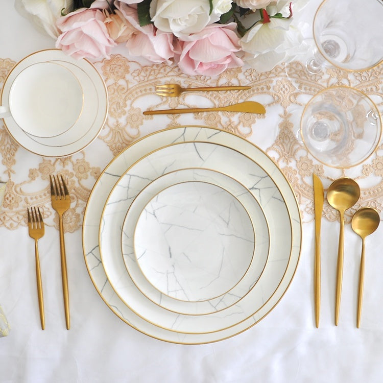 Nordic Minimalist Gold Edge Bone China Dinner Plate White Marble Pattern