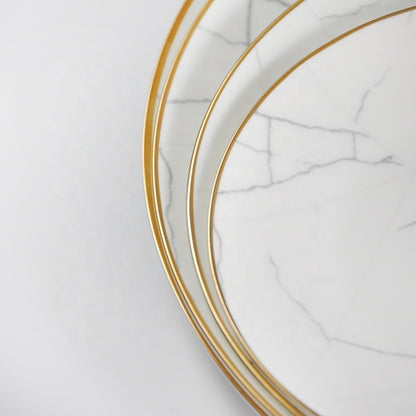 Nordic Minimalist Gold Edge Bone China Dinner Plate White Marble Pattern
