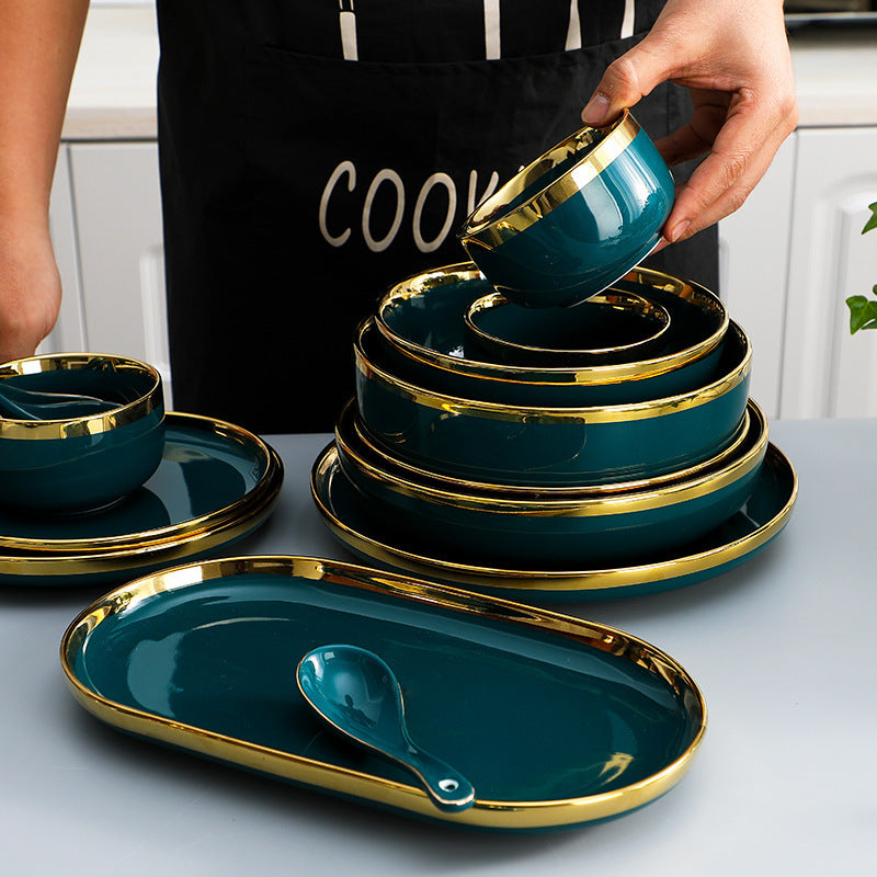 Ceramic Bowl Suit Peacock Green Plate Dinner