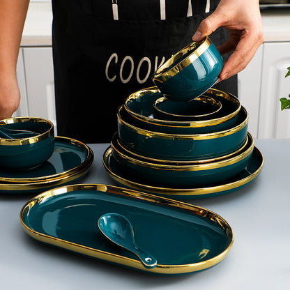 Ceramic Bowl Suit Peacock Green Plate Dinner